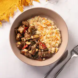 Mignon suíno xadrez com arroz basmati