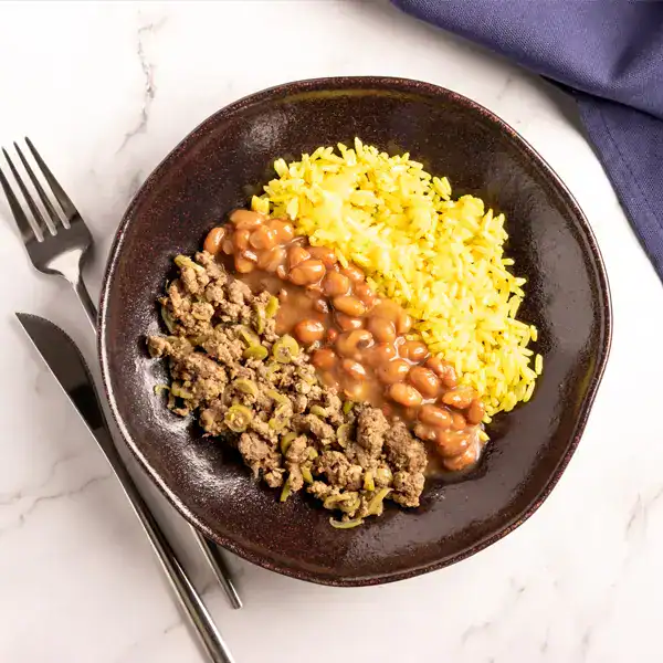 Carne moída com vagem, arroz e feijão carioca