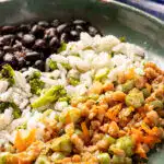 Prato vegano com proteína de soja, feijão preto e arroz.
