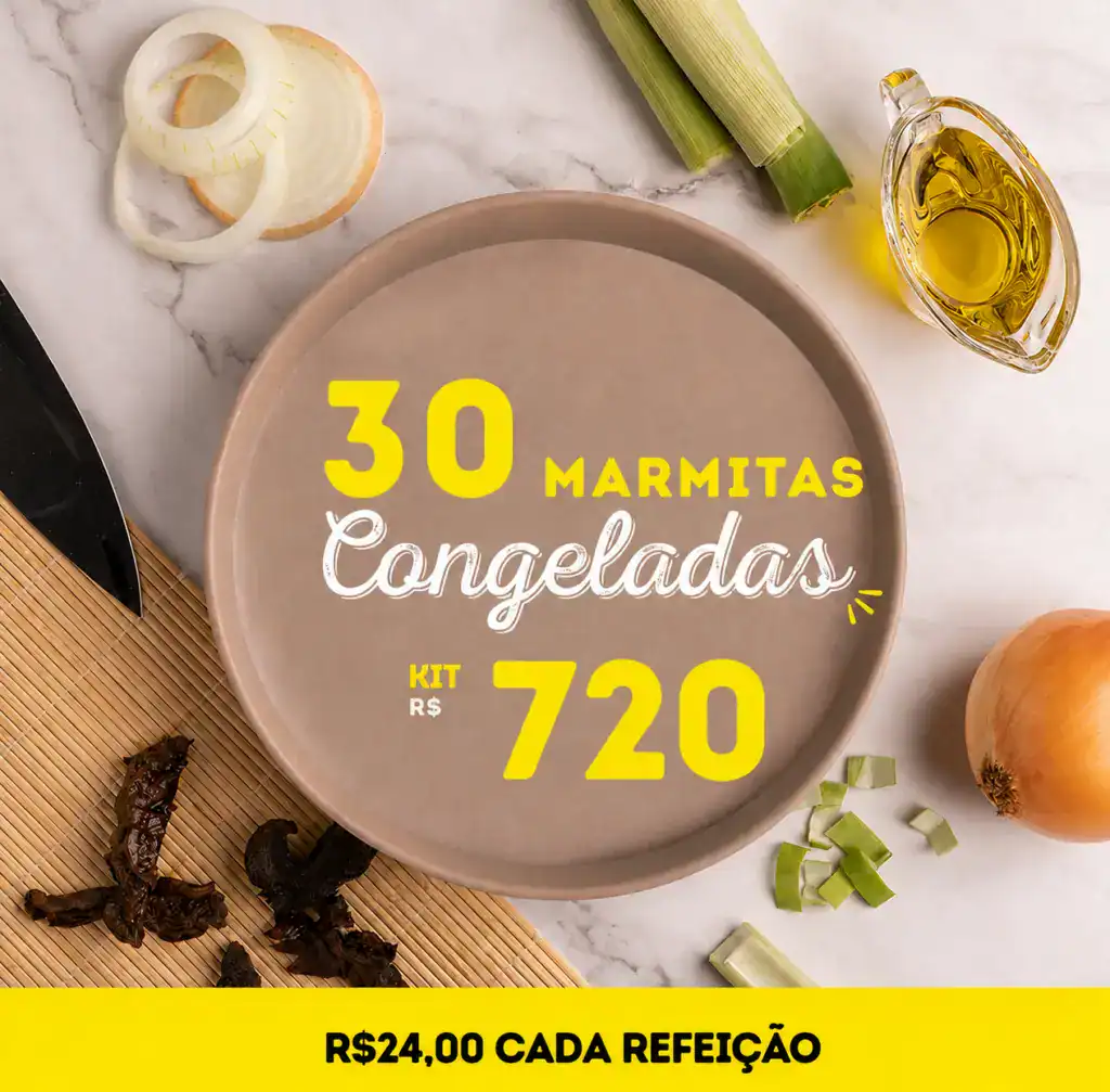 Marmitas congeladas de comida natural com ingredientes frescos e saudáveis.